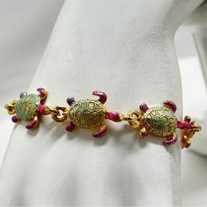 Gold Turtle Bracelet, Pink, Green Enamel Wash, USA, Vintage, Terrapin, Tortoise